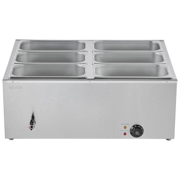 Stainless Steel Electric Bain Marie Food Warmer 1500W, 6-Pan Commercial Steam Table with Lid & Ladles, Countertop Buffet Warmer for Catering and Restaurants