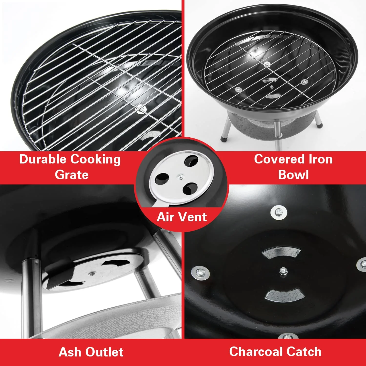 Alpine Cuisine Premium 14" Charcoal BBQ Grill Round for Outdoor Cooking, Barbecue Coal Kettle Bowl Grill Portable Heavy Duty Round with Legs Grilling for Tailgating Patio Backyard Camping - Black