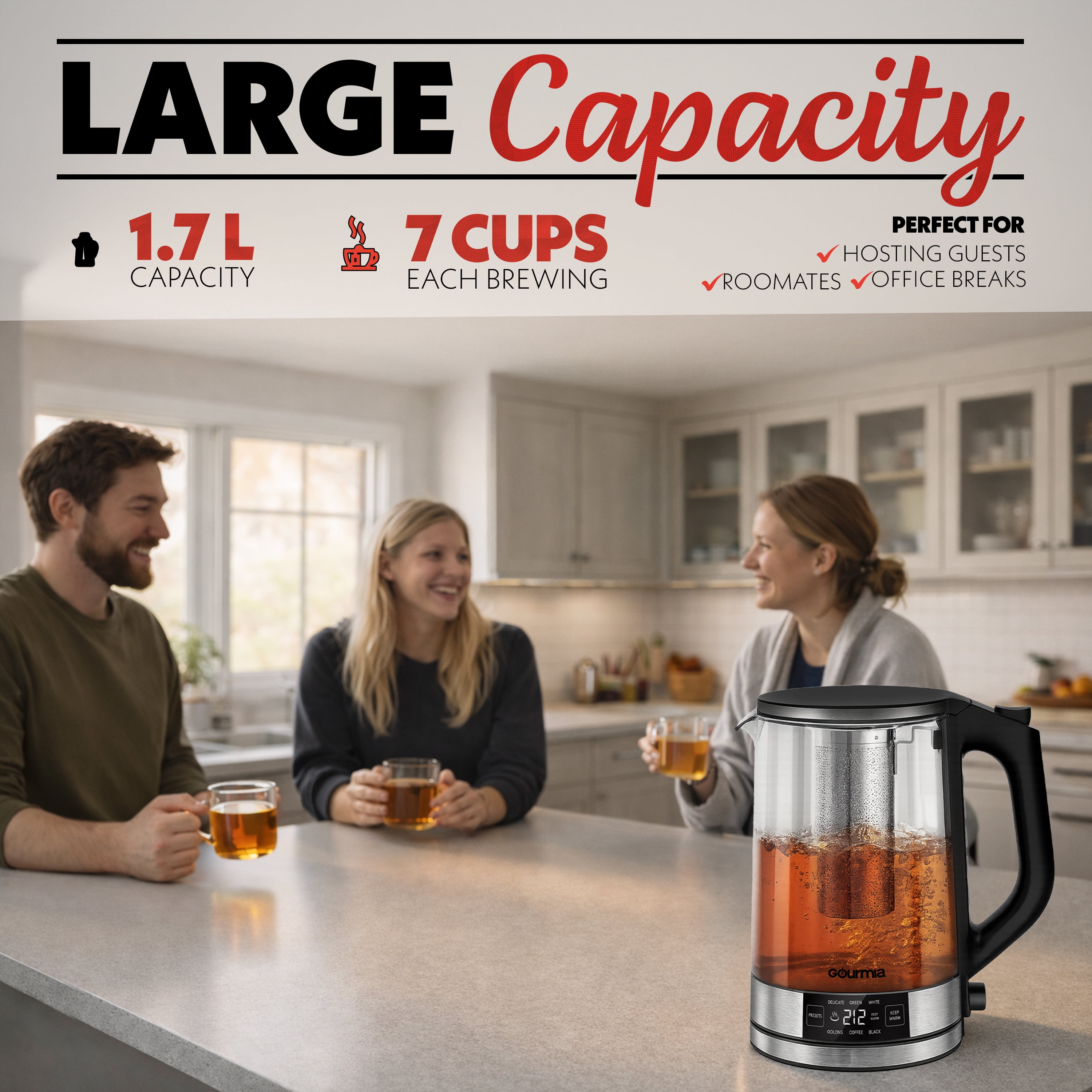 Gourmia 1.7L Programable Glass Kettle with Touch Display, Infuser, Black