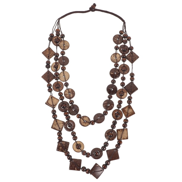 Collar estilo bohemio retro para mujer, con colgante de cuentas de madera tejidas a mano con forma de concha de coco, joyería de moda playera para damas y niñas (marrón)