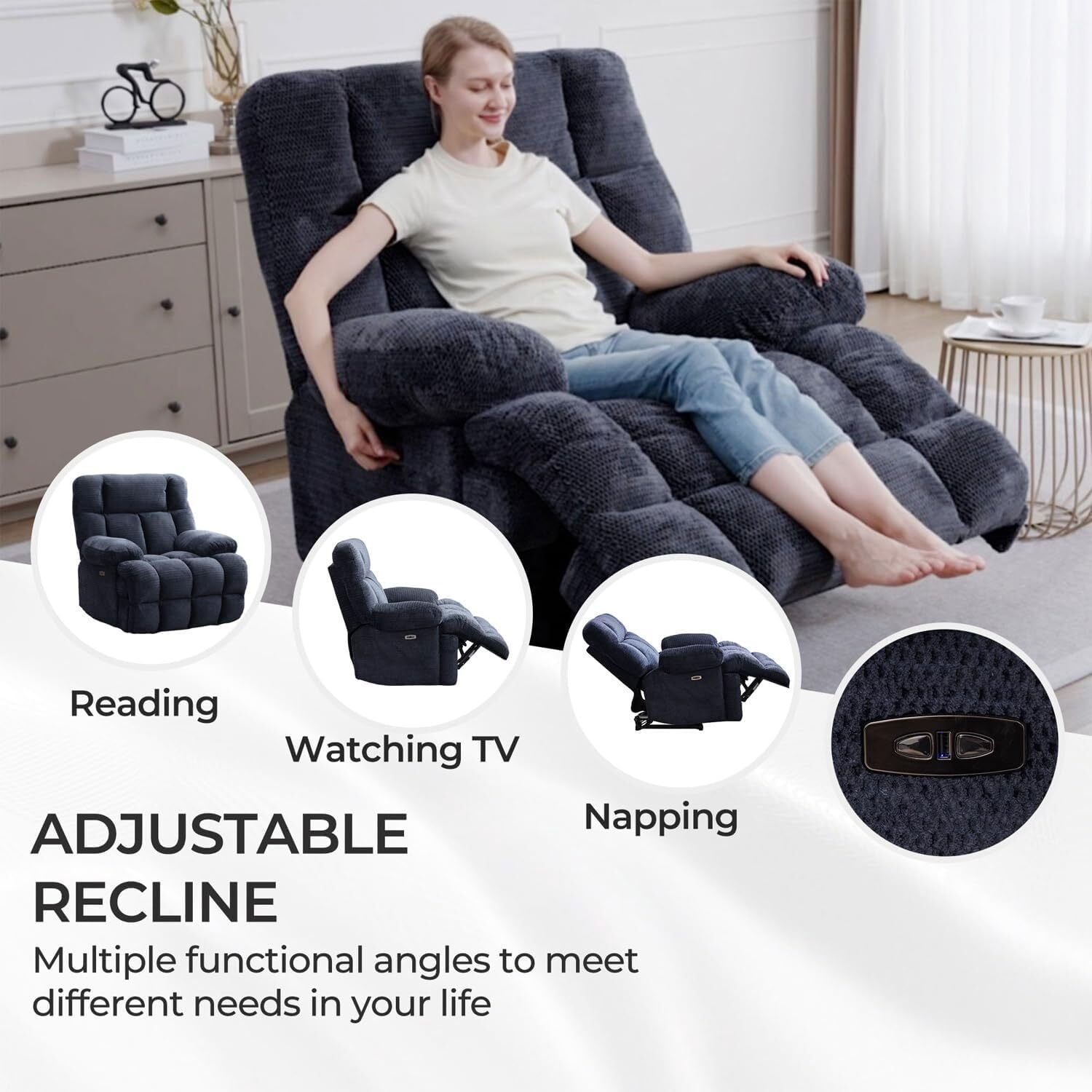 Oversized Power Zero Gravity Recliner Chair Extra Large Electric Reclining Chairs with USB Port 24" Seat Width, Blue