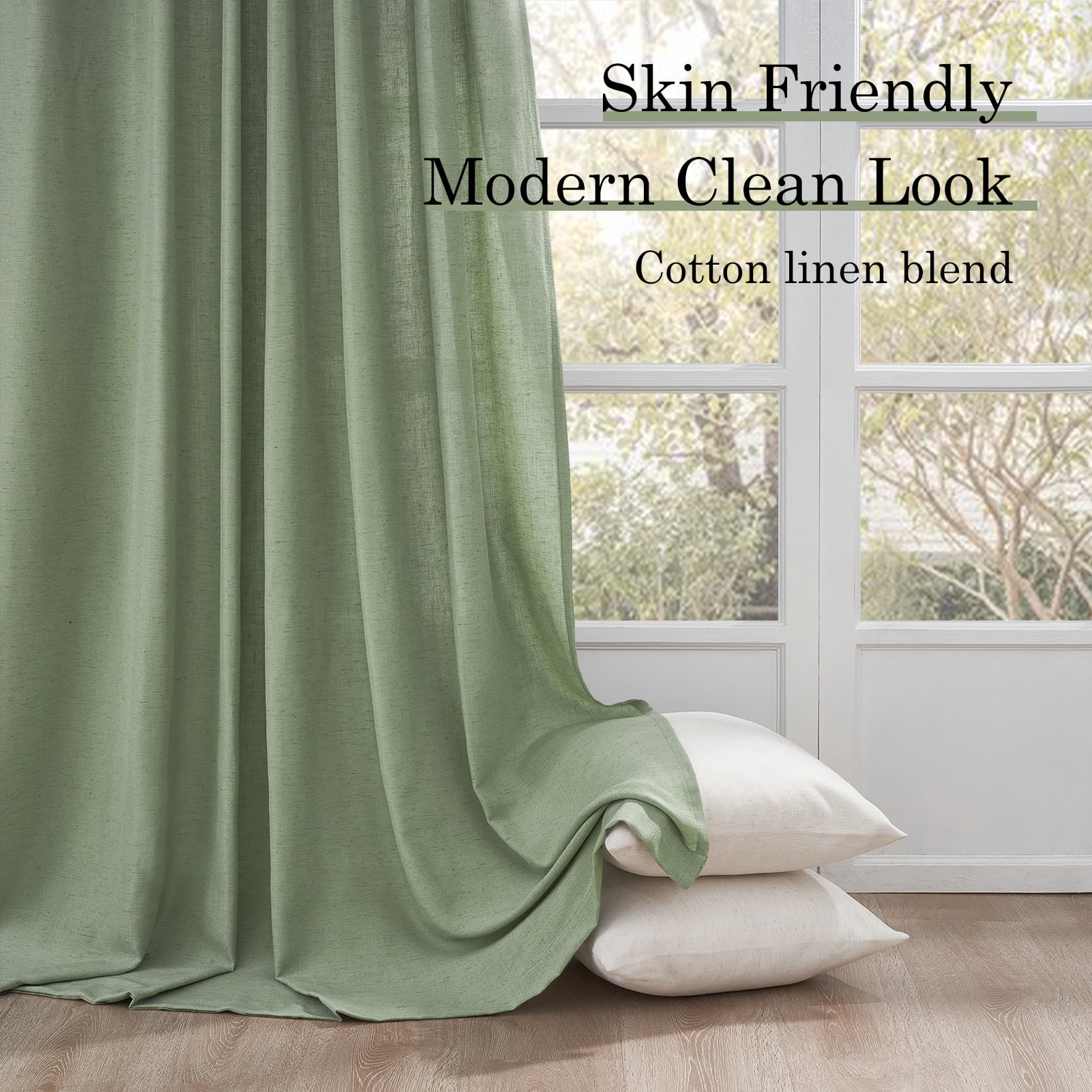 Jainmy Sage Green Linen Semi Sheer Curtains 90 Inches Long 2 Panels Set, Light Filtering Farmhouse Curtain Drapes for Living Room Bedroom,52"x90"