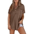 thumbnail image 4 of Women's Short Sleeve Tops Acrylic Knit Lapel Collared Shirt with Buttons Loose Fit Pullover Tee Blouses (S, Coffee), 4 of 7