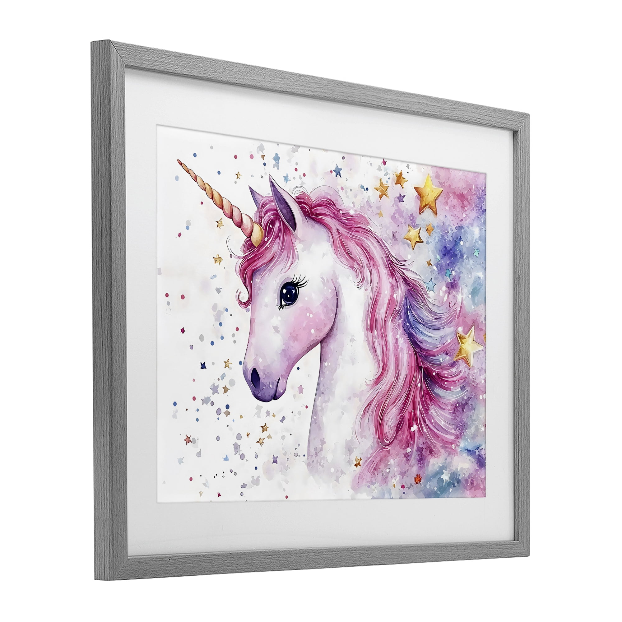 Stupell Industries Pink Mane Unicorn with Stars Gray Framed Print Under Glass, design by Creative Studio