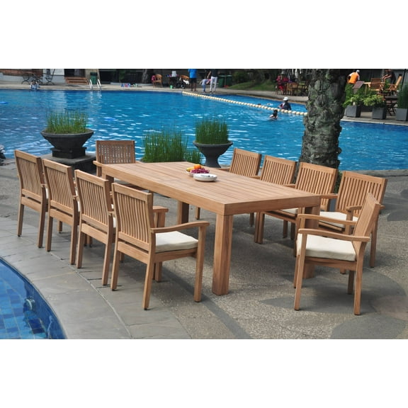 Grade-A Teak Dining Set: 10 Seater 11 Pc: 86" Canberra Rectangle Table And 10 Leveb Stacking Arm Chairs Outdoor Patio WholesaleTeak #WMDSWVm
