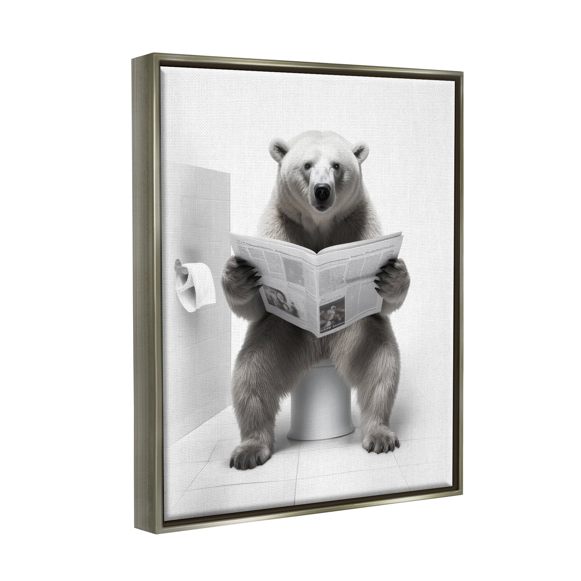 Stupell Industries Bear Reading Newspaper Animals & Insects Painting Gray Floater Framed Canvas Art Print Wall Art, 25 x 31