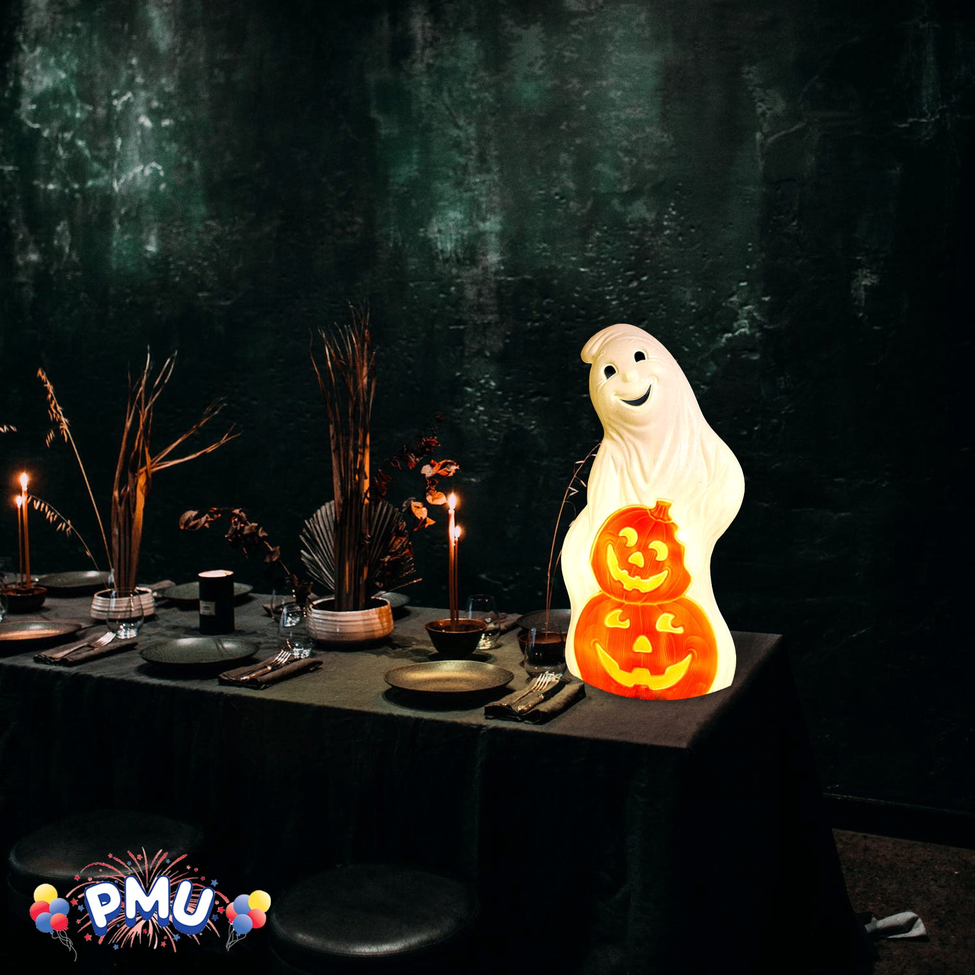 PMU Halloween Ghost with Pumpkins - Jack-O-Lantern Blow Mold Light-Up Decoration - Perfect for Halloween, Home, Yard, Indoor & Outdoor Decor Pkg/1