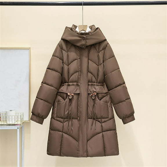 Xdegoge Long Winter Coats for Women Zip Up Fluffy Stand Collar Hooded Quilted Jackets Casual Plain Warm Down Jacket with Pockets 2025 Trendy Outfits