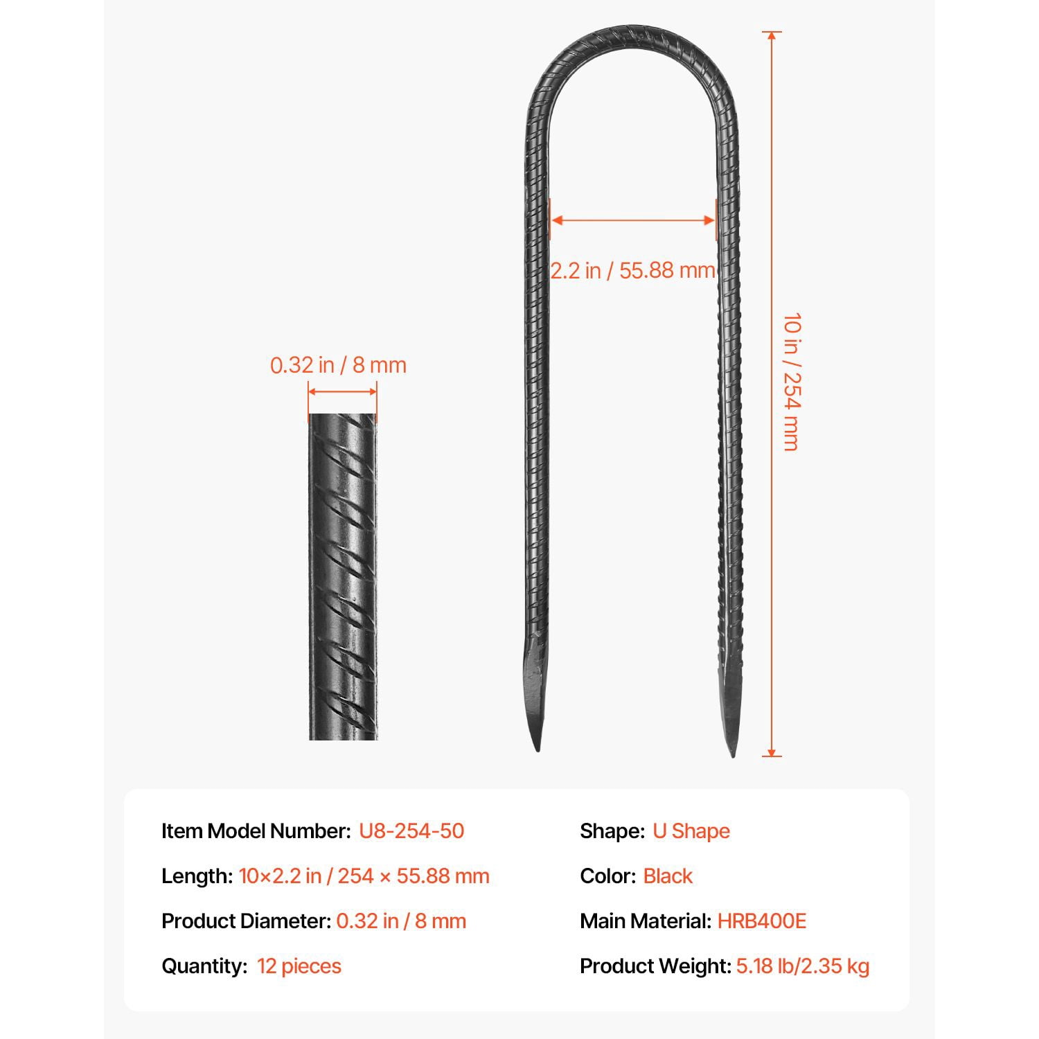10-Inch 12 Pack U Shape Rebar Stakes, Galvanized Steel with Black Powder Coating, Chiseled Tip 60°, for Anchoring Fences, Tents, Trampolines & Outdoor Equipment