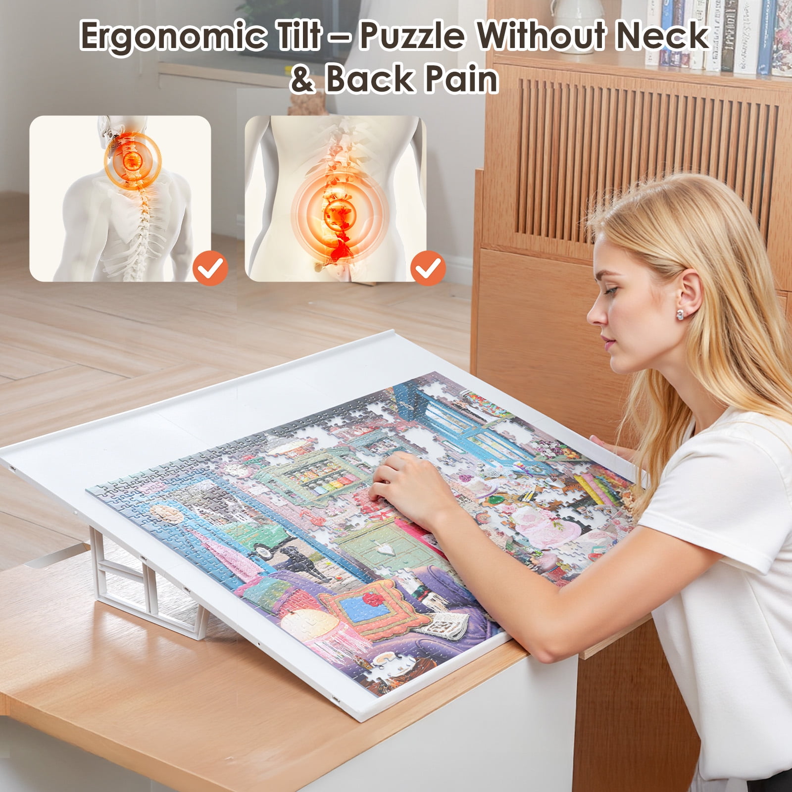 DIY Tilting Puzzle Board Tool-Free Snap Assembly with 6 Modular ABS Panels & Easel-Style Stand, Lightweight Portable Puzzle Table for All Ages,White
