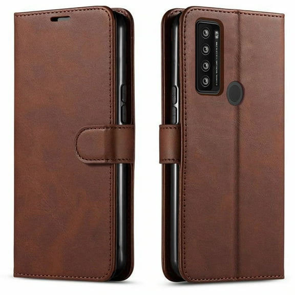 Starshop Case for TCL 20 SE,  Glass Screen Protector, Premium Leather Wallet Pocket Credit Card Slots-Brown