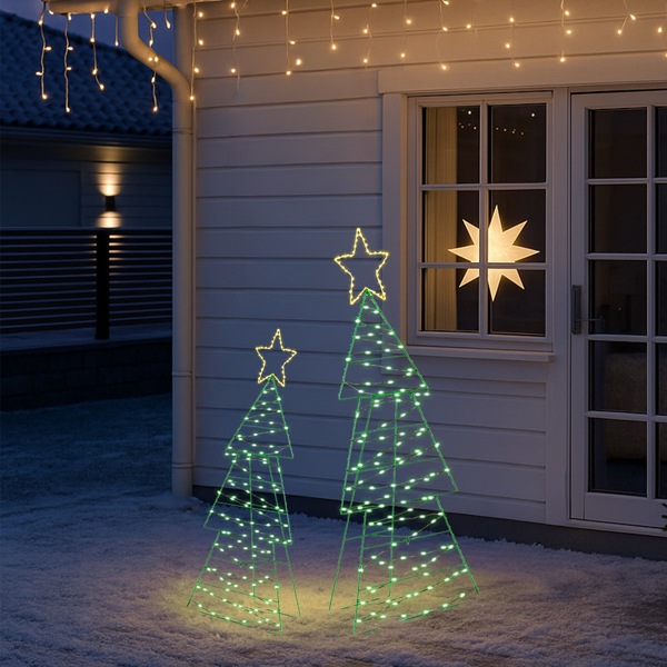 2-Pack Lighted Christmas Trees, 150 Warm White LEDs, Metal Wire Frame with Star Topper, for Indoor, Outdoor Porch, Garden Decor