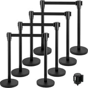 VEVOR Crowd Control Stanchion, Set of 8 Pieces Stanchion Set, Stanchion Set with 6.6 ft/2 m Black Retractable Belt, Black Crowd Control Barrier w/Concrete and Metal Base – Easy Connect Assembly