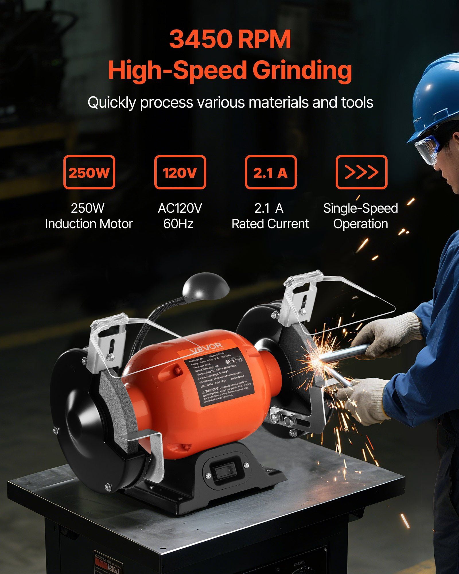 6 Inch Benchtop Grinder 3450 RPM 250W Induction Motor with 36 60 Mesh Grinding Wheel and LED Work Light