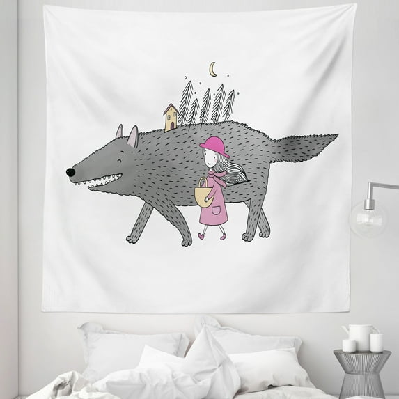 Fantasy Tapestry, Girl in a Pink Dress Walking with a Giant Wolf Fir Forest and a Small House, Fabric Wall Hanging Decor for Bedroom Living Room Dorm, 5 Sizes, Pink Grey Peach, by Ambesonne