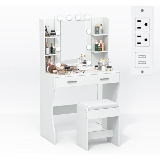 Tocador con espejo y estación de carga, tocador con 2 cajones y 6 estantes de almacenamiento, espejo con 3 modos de iluminación ajustables, tocador de dormitorio con taburete blanco