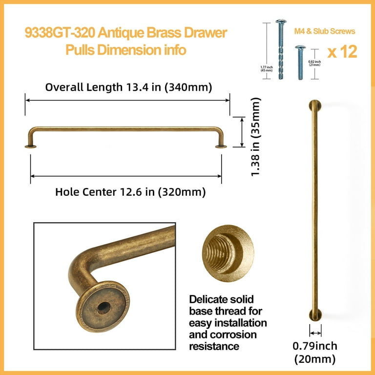 Goo-Ki 6 Pack Brushed Antique Brass Contemporary Cabinet Hardware Handle  Pull 12.5Hole Center(320mm) Hole Centers