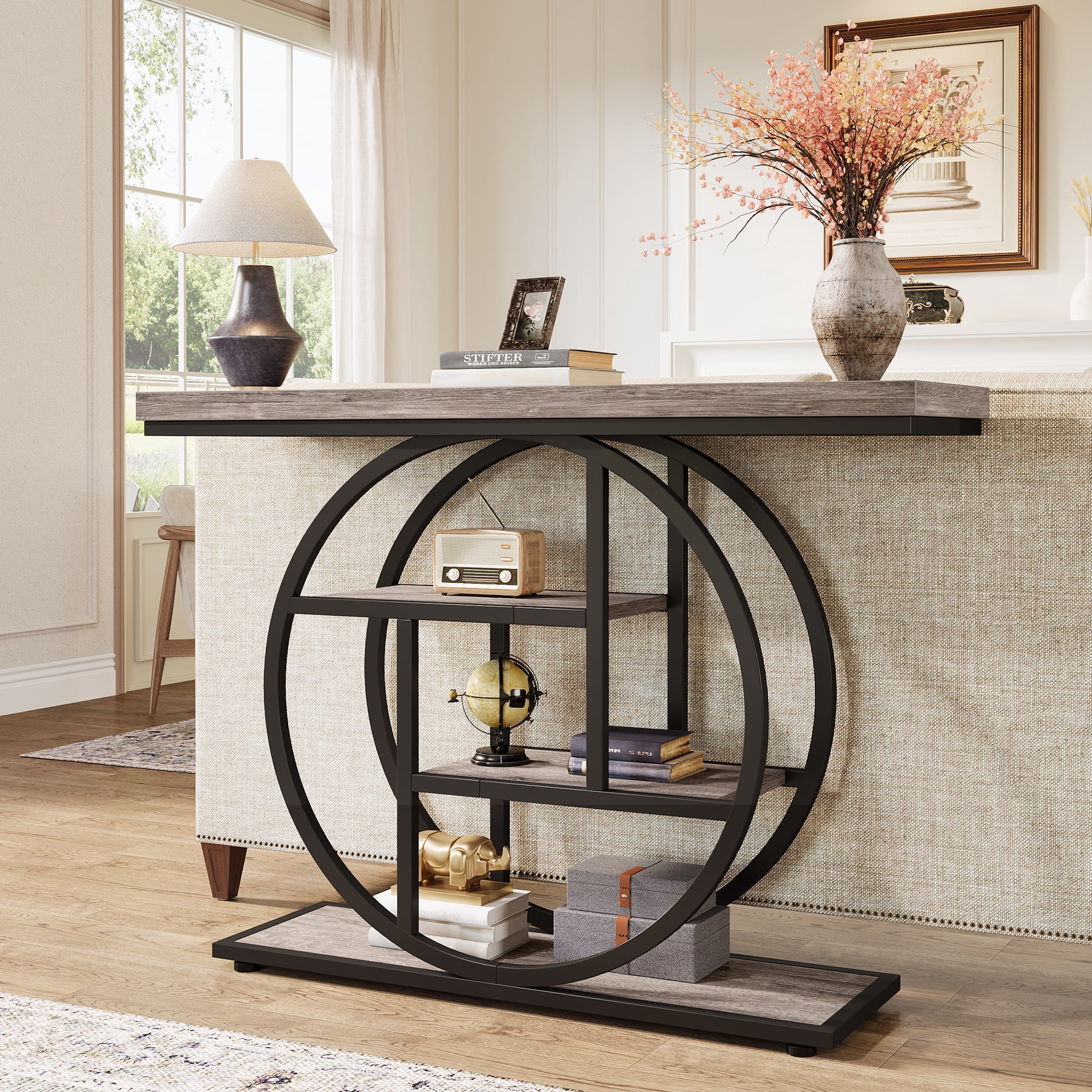 Fnova Console Table, Entryway Table with 4-Tier Storage Shelves, 42" Wood Modern Narrow Long Side Table, , Sofa Table, Accent Table for Living Room, Entryway, Hallway, Gray and Black
