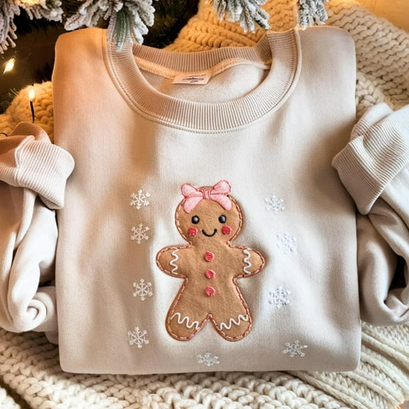 Christmas Gingerbread Bow Embroidered SweatShirt, Gingerbread Woman Shirt,Christmas Sweatshirt for Women,Christmas Coquette Gingerbread Girl
