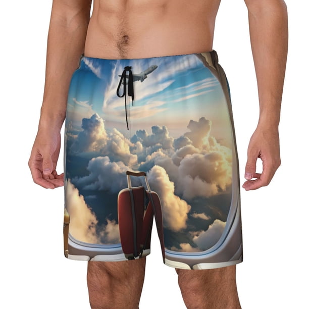 Balery Sunset Airplane Travel View Bañador para hombre, shorts de playa de secado rápido con entrepierna y forro de compresión-Small