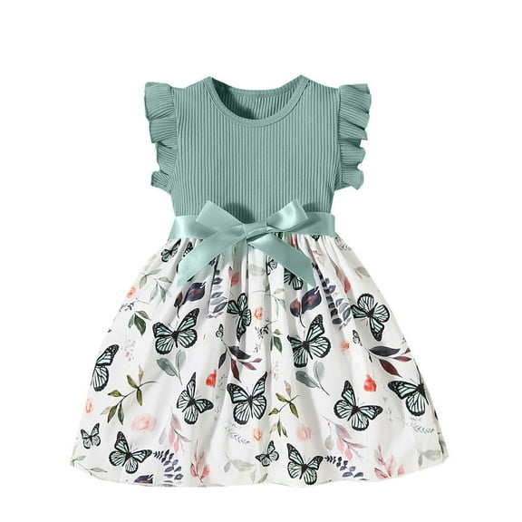 Edvintorg Girls Dresses Summer 2025 Floral Printed Round Neck Fly Sleeve Knitted Dress Knee Length Children Wedding Dress for Girls 2-9Years