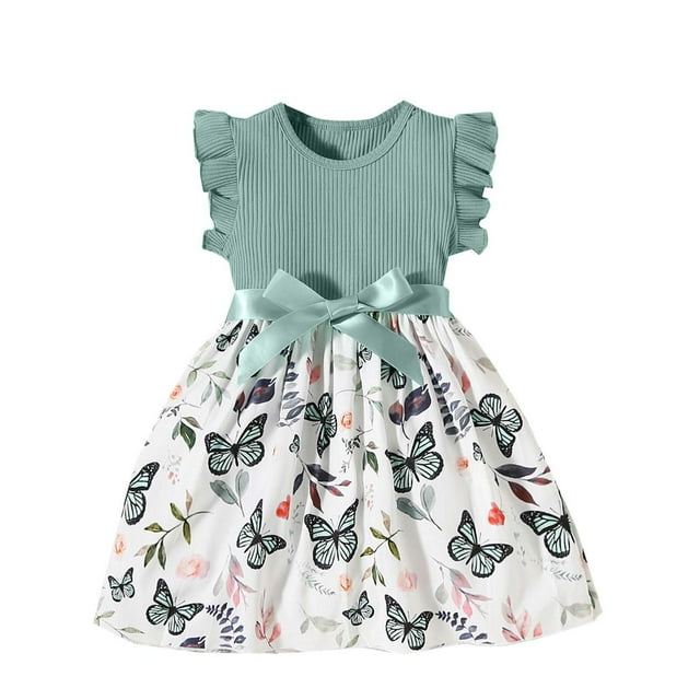Robe d'Été pour Fille, Robe Tricotée Sans Manches pour Tout-Petit avec Imprimé Papillon, Robe Décontractée à Col Rond Longueur Genou pour Enfants, Tenue Quotidienne et Jeu
