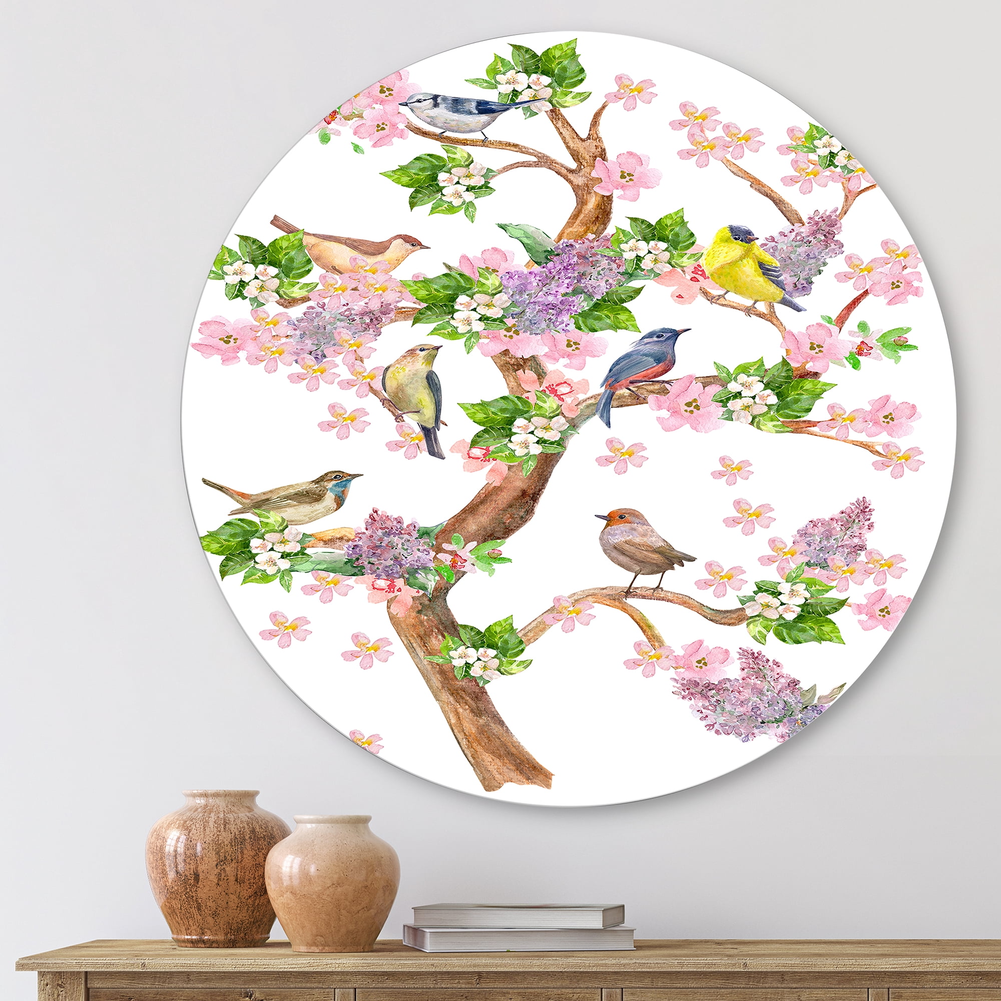 Designart 'Tree With Colorful Birds Sitting On Flowering Branches' Traditional Circle Metal Wall Art 23x23 - Disc of 23