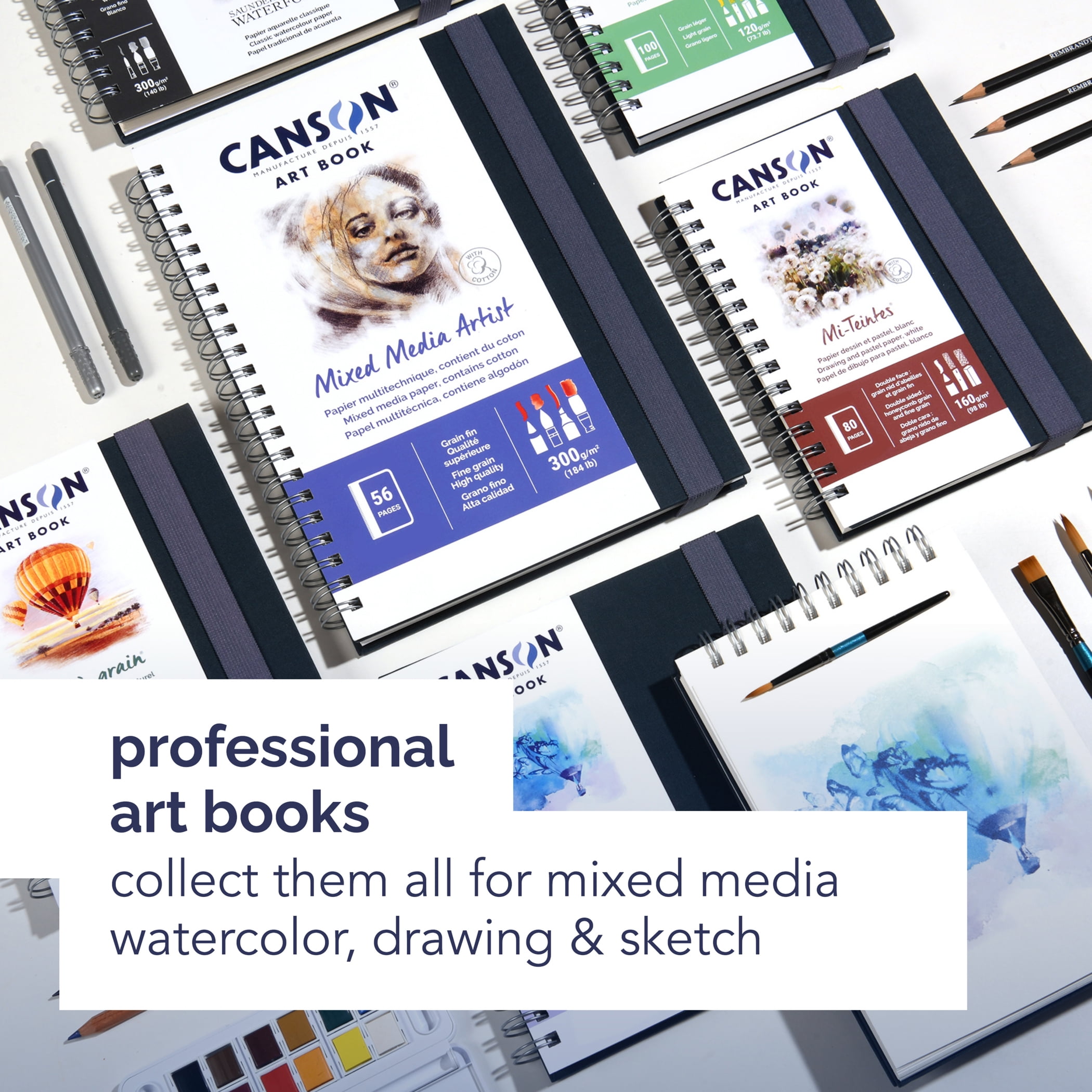 Canson Artist Series Mixed Media Art Book, Fabric Cover, Side Wire Binding, 56 Sheet, 8.3x11.7 inch