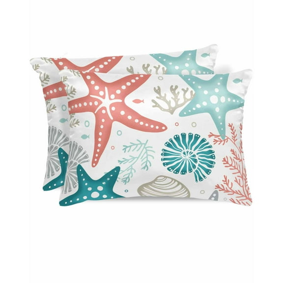 Hokiten Pillow Cases Standard Size Set of 2, Lumbar Pillow Covers, Red Teal Starfish Coastal Satin Pillowcases with Zipper for Hair/Skin, Summer Beach Nautical Coral Sea 20x26 Inches
