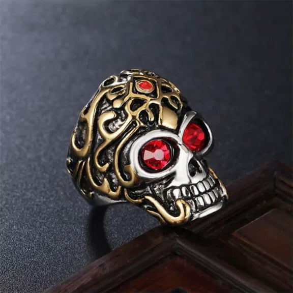 K-KED Red/Blue CZ Eye Evil Skull Gothic Ring Stainless Steel Men's Vampire Skull Ring-9-Red CZ