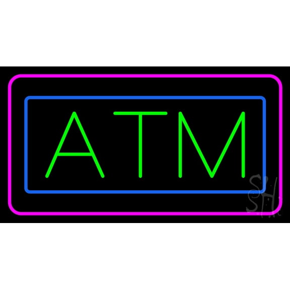 Green ATM Pink Blue Border LED Neon Sign 13 x 24 - inches, Black Square Cut Acrylic Backing, with Dimmer - Bright and Premium built indoor LED Neon Sign for Defence Force.