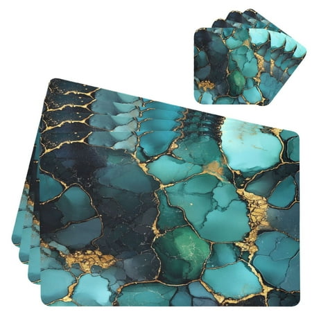 

Wobogo Gild Dark Green Marbles Placemats Coasters Set of 4 Heat-resistant Non-slip Easy to Clean Square Dinner Plate Mat