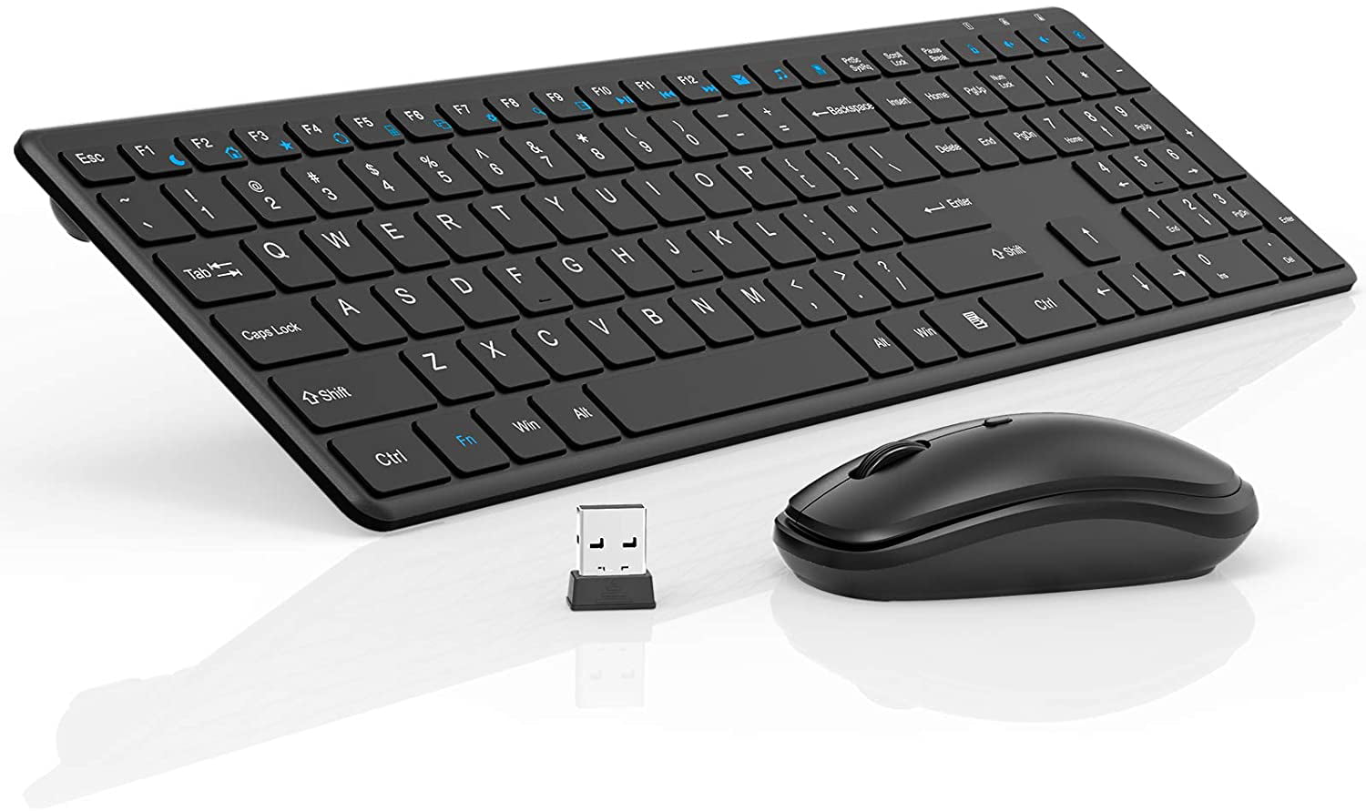 Black Wireless Keyboard Mouse Combo 2.4GHz Slim Full Size Wireless Keyboard and Mouse Set with Number Pad and Nano Receiver for PC Laptop Windows Quiet and Ergonomic