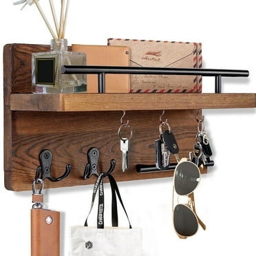 Key Holder for Wall Decorative with 5 Key Hooks ,Wooden Mail Rack Organizer with Shelf,Rustic Home Decor for Entryway Mudroom Hallway Office, Brown