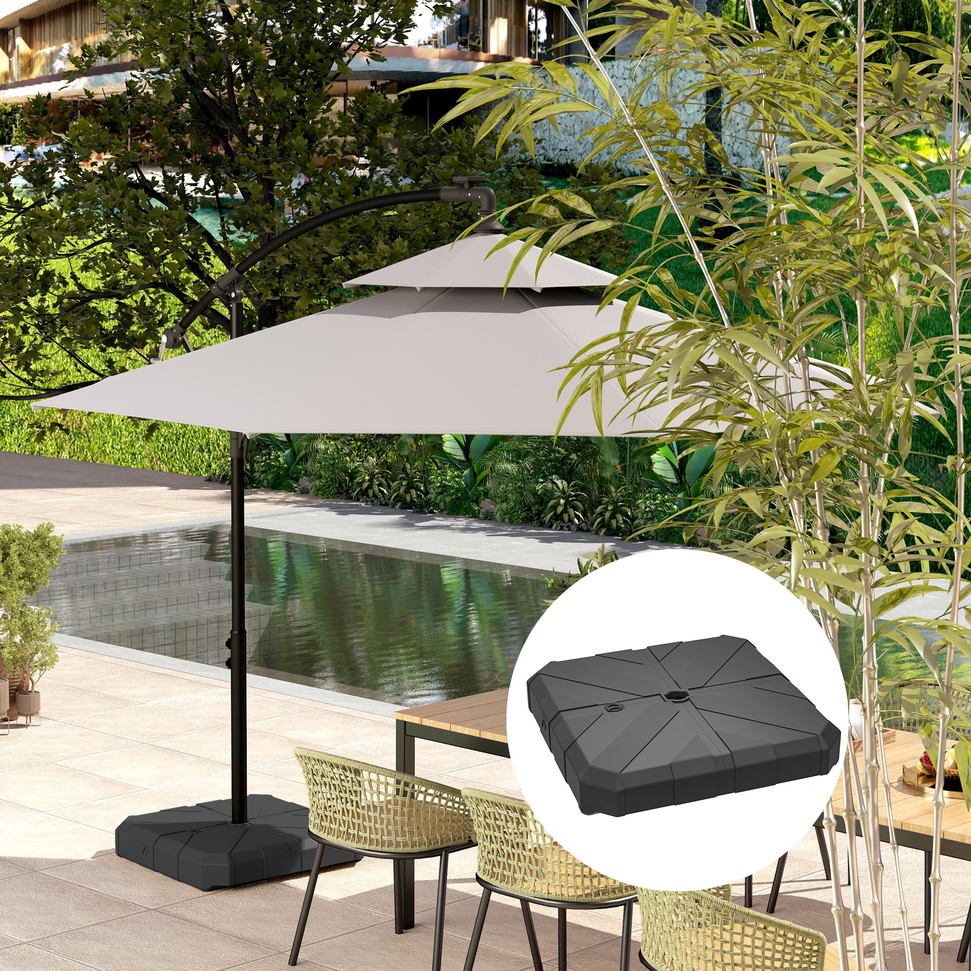 Homiyad Square Patio Umbrella Base, Cantilever Offset Umbrella Base Heavy Duty Outdoor Umbrella Stand Base, Filled Up to 143lbs with Stand or 130lbs with Water for Garden Poolside, Black
