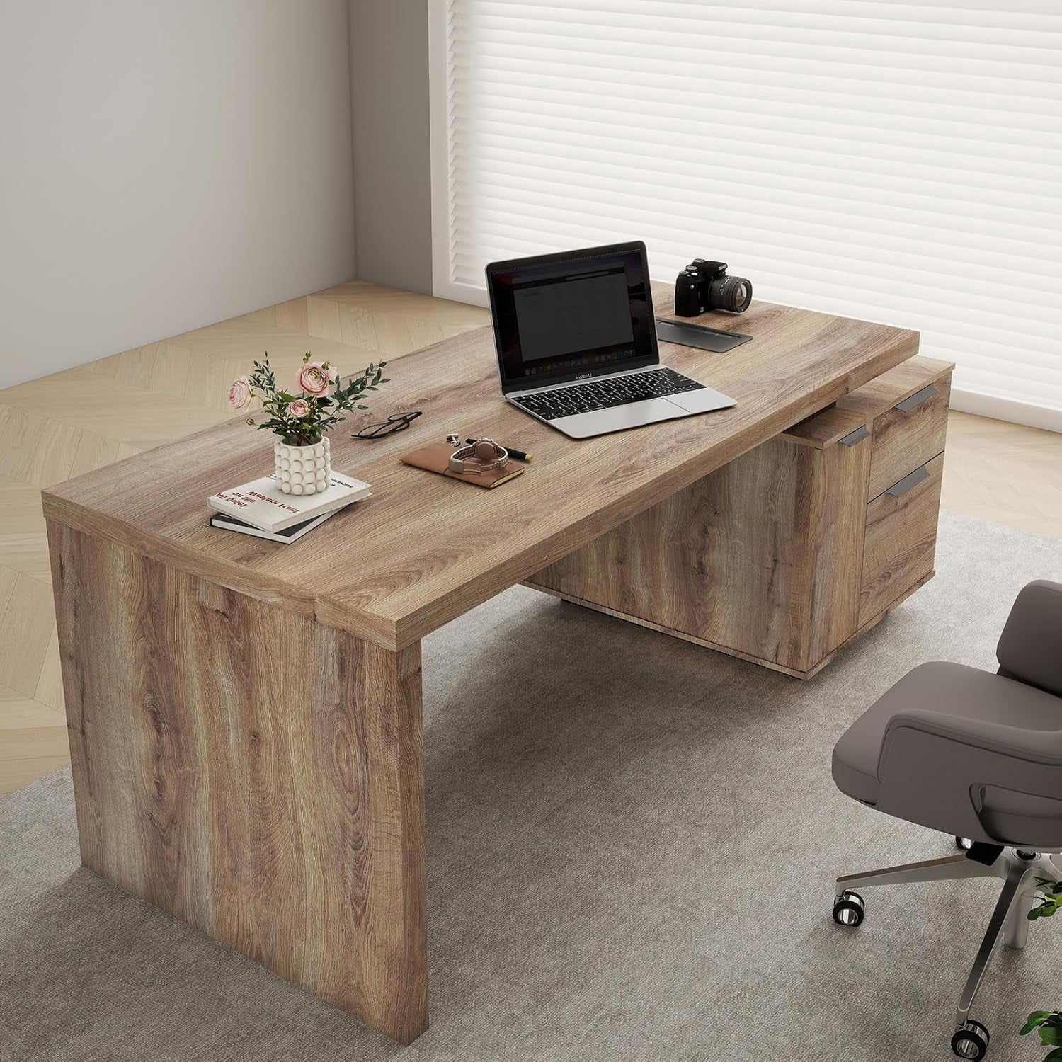 63" Executive Desk with Cabinet File Drawer Cable Management(Mahogany, Right)