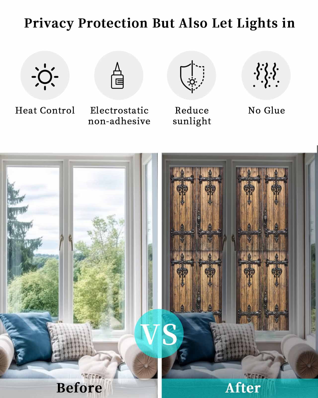 Window Privacy Film Rustic Wooden Door Stained Glass Window Film Decorative Sun Block Window Cover Brown Black Farmhouse Country Vintage Window Clings Static Adhesive Sticker for Bathroom 23.6"x78.7"
