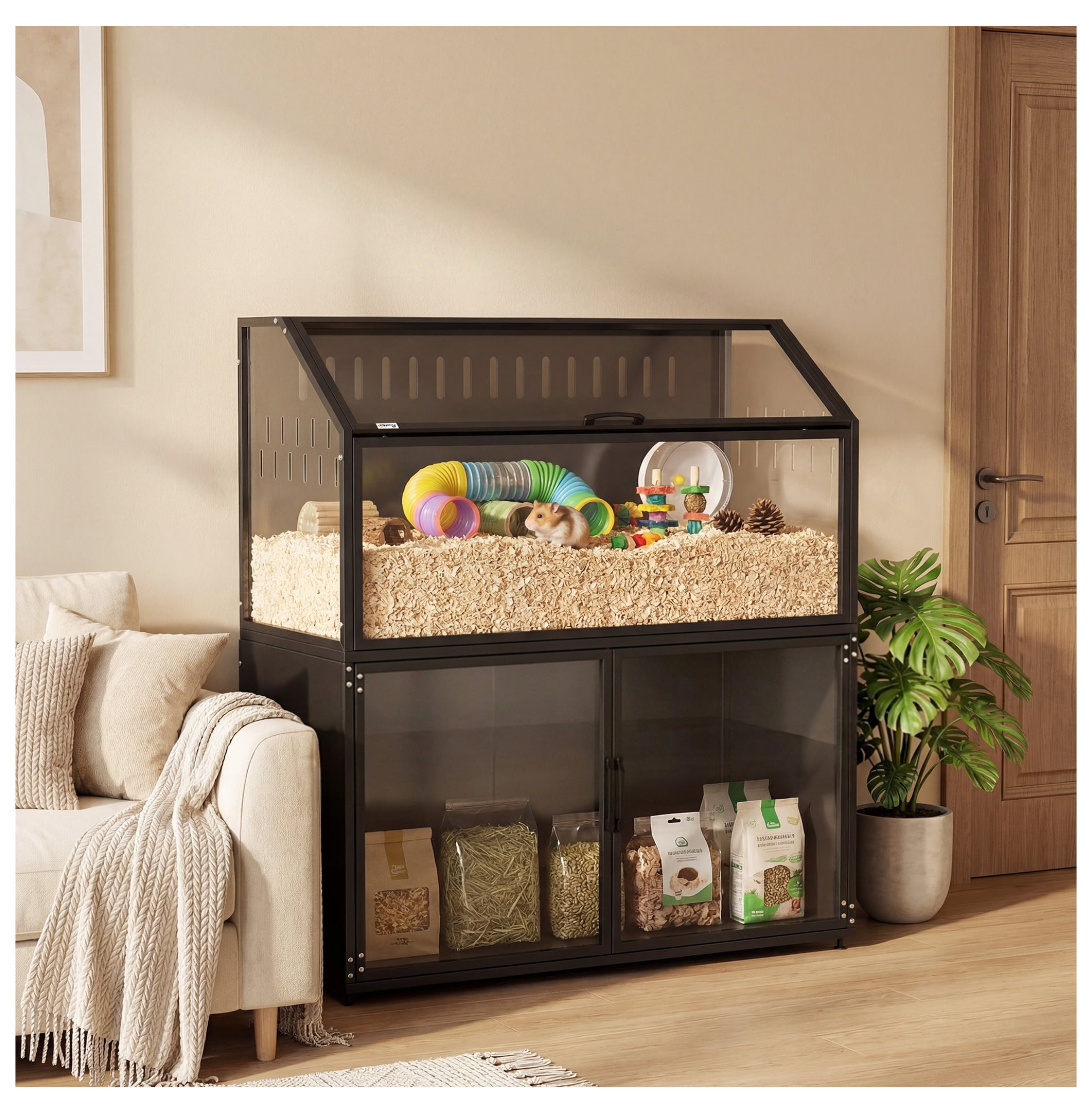 Hamster Cage with Storage, Small Animal Habitat - Guinea Pig, Gerbil, Mouse Cage with Acrylic Panels & Top Open, Black