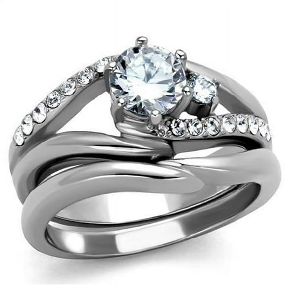 Women High Polished Stainless Steel Ring with AAA Grade CZ in Clear - Size 7
