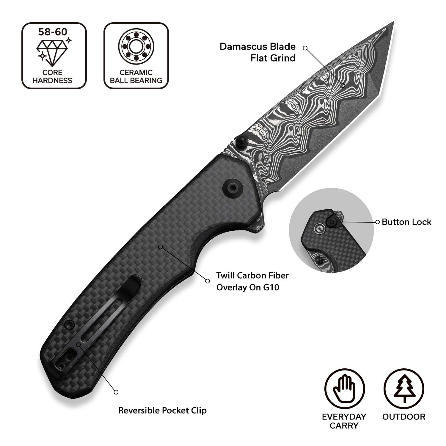 CIVIVI Button Lock Brazen Pocket Folding Knife with 3.46" Damascus Blade C19059C-DS1
