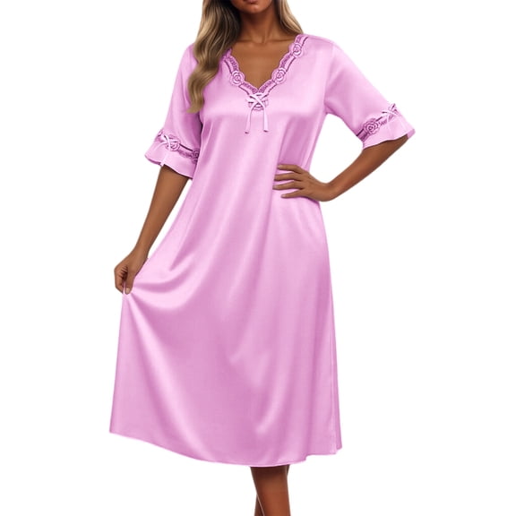 PMVFHDE Night Gowns for Women Solid Color Silk Short Sleeve Mid Length Loose Lace Sleeve Sleep Dress