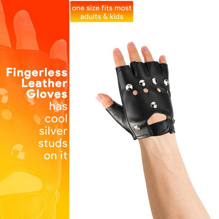 Skeleteen Gothic Fingerless Biker Gloves - 80s Style Black Leather Punk Biker  Gloves with Studs for Men Women and Kids 