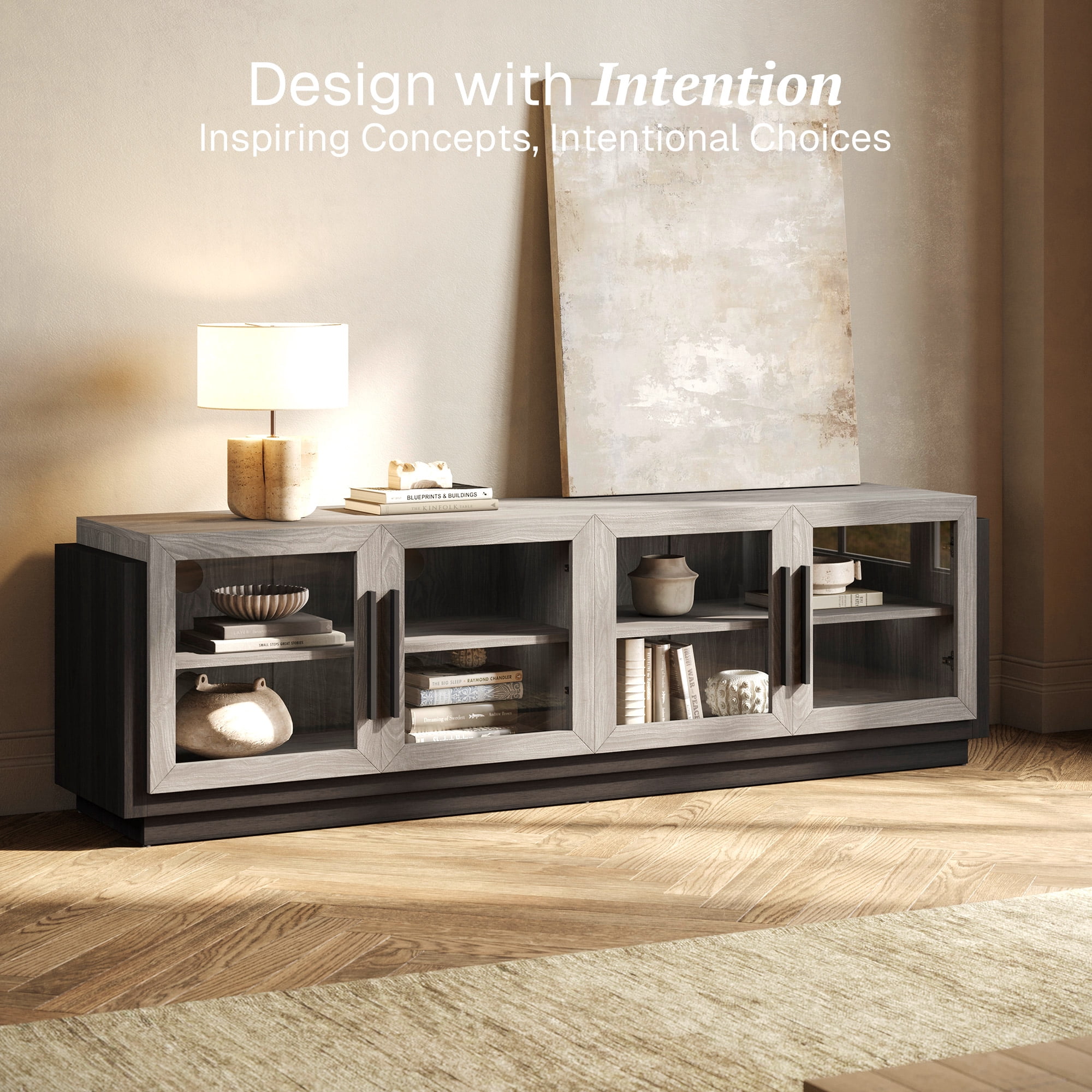 BELLEZE 70" TV Stand for TVs up to 75", Modern TV Stand & Entertainment Center with Shelves, Wood Storage Cabinet for Living Room or Bedroom - Brixston (Grey)