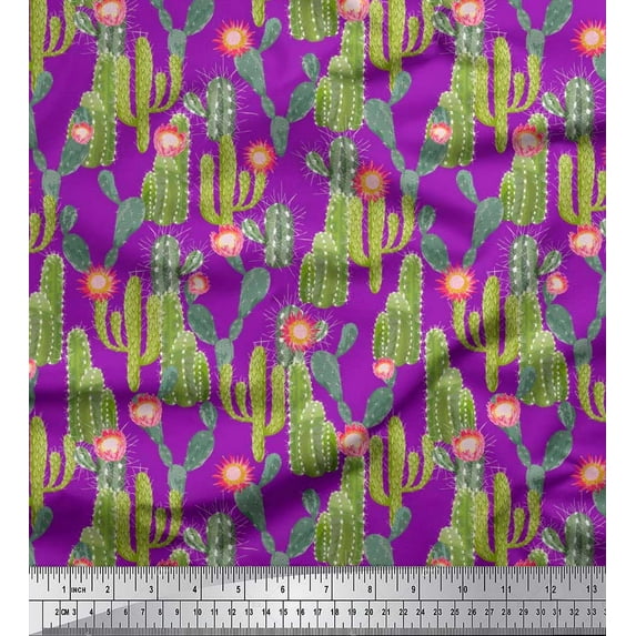 Soimoi Purple Rayon Crepe Fabric Flower & Cactus Tree Printed Craft Fabric by The Yard 46 Inch Wide