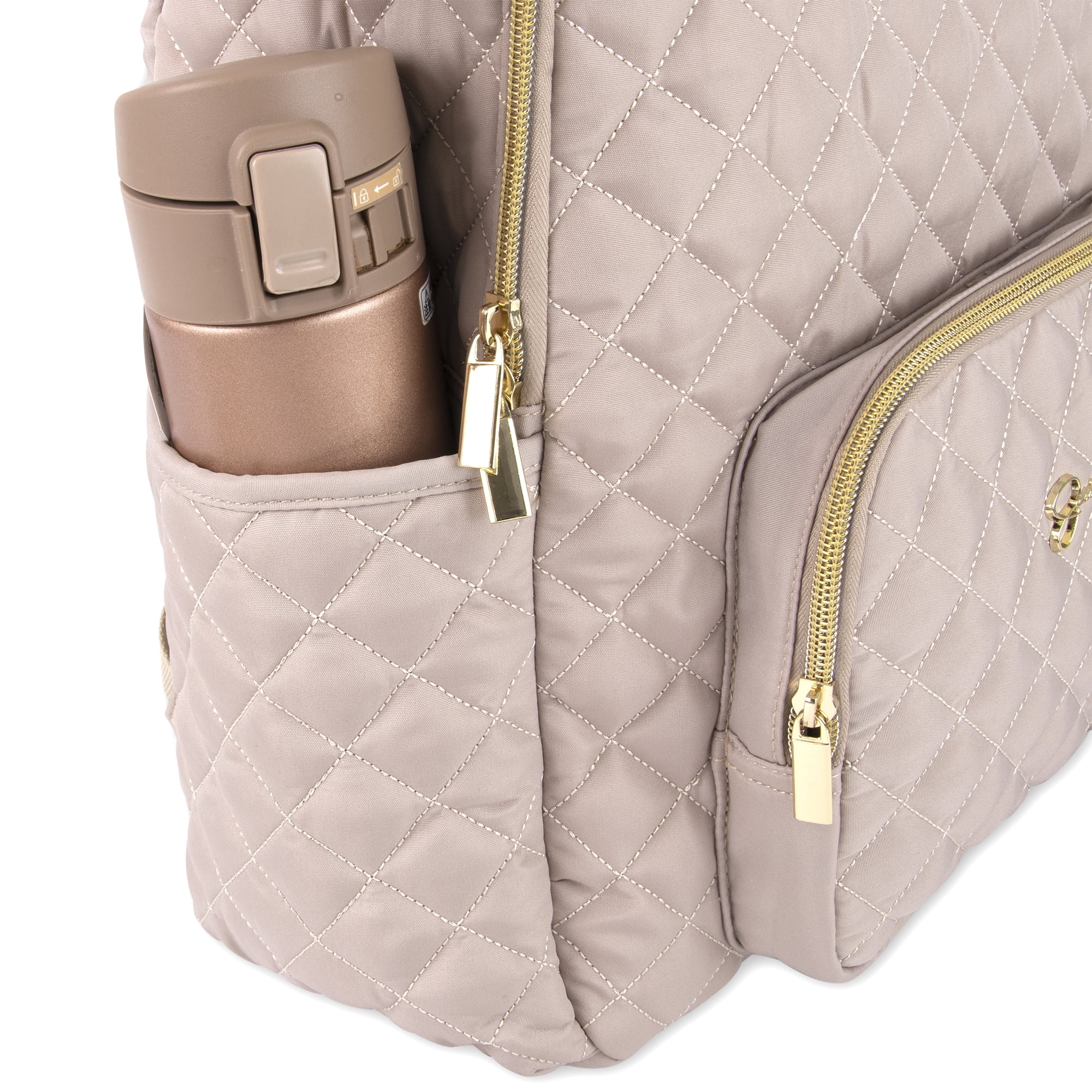 Jessica Simpson Taupe Diamond Quilted Multi-Pocket Dual Zipper Closure Fashion Diaper Bag Backpack with Running Cheetah Print Interior, Matching 3-Ply Folding Baby Changing Pad