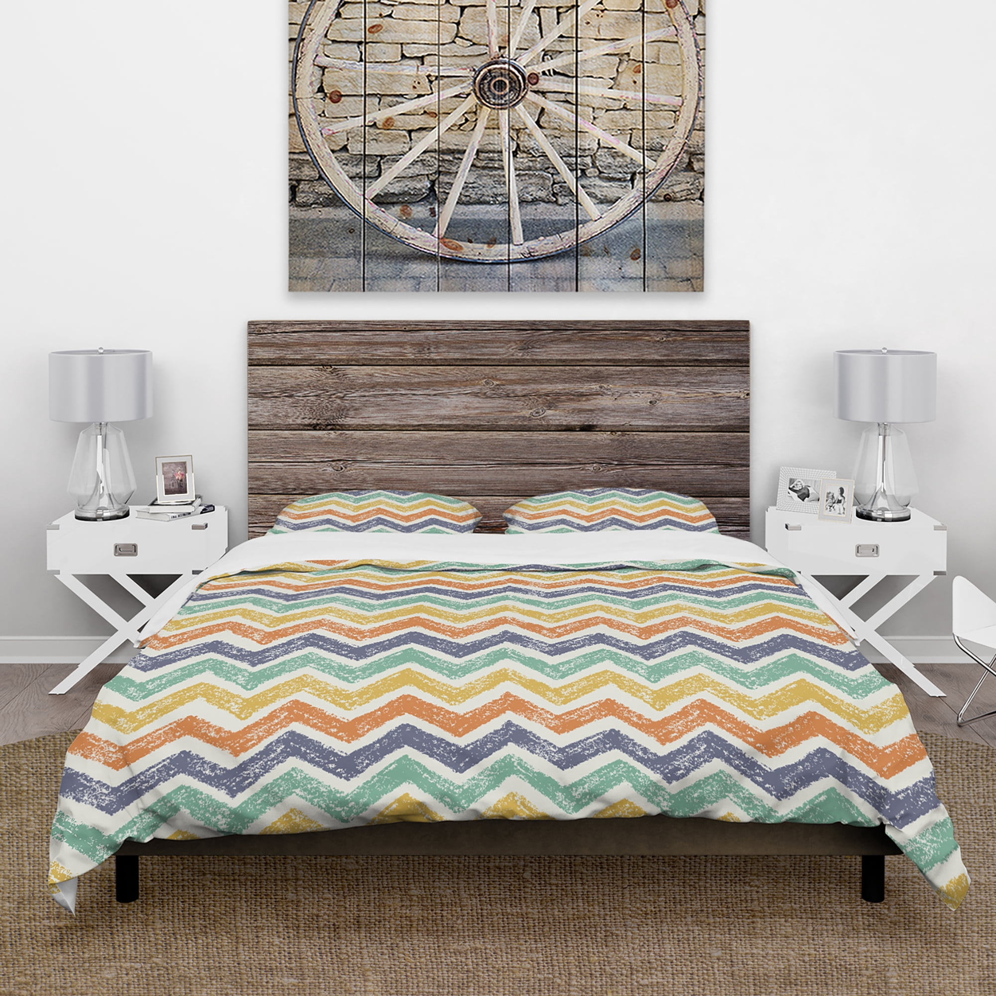 Designart 'Retro Chevron in Orange, Blue and Yellow' Vintage Duvet Cover Set