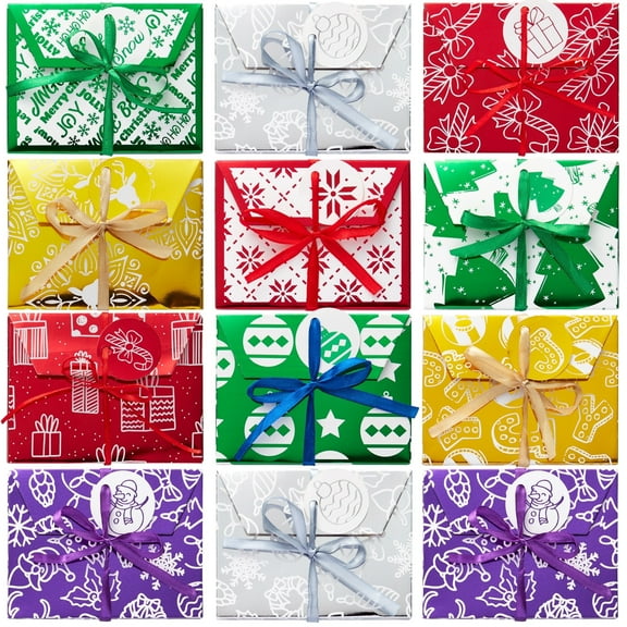 Joyfy 36 Christmas Foil Card Gift Boxes Holder with Ribbon, Christmas Holiday Square Gift Card Box, Christmas Decorative Wrapped Gift Card Money Box for Envelopes Stocking Stuffers
