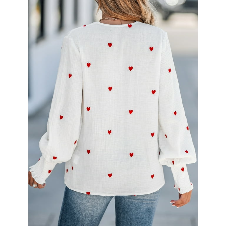 Cupshe Women's Embroidered Heart Gauze Smocked Cuffs Top