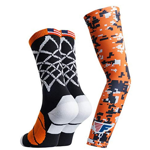 Youth Boys Basketball Socks Sports Athletic Crew Socks with Basketball Arm Sleeve - Made in USA (Net Black/Orange, Youth (US 6-11))