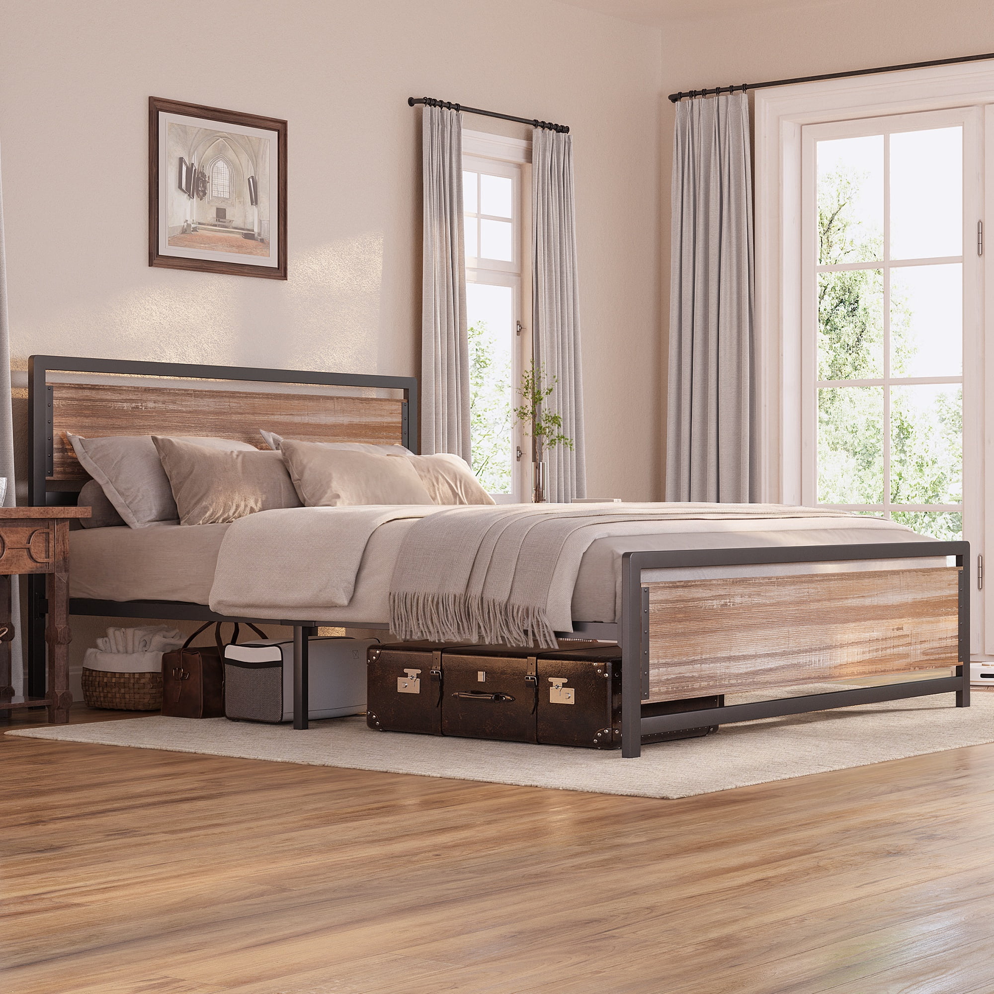 Asofer Queen Bed Frame with with Rustic Vintage Wood Headboard and Footboard, No Box Spring Needed, Wood Color